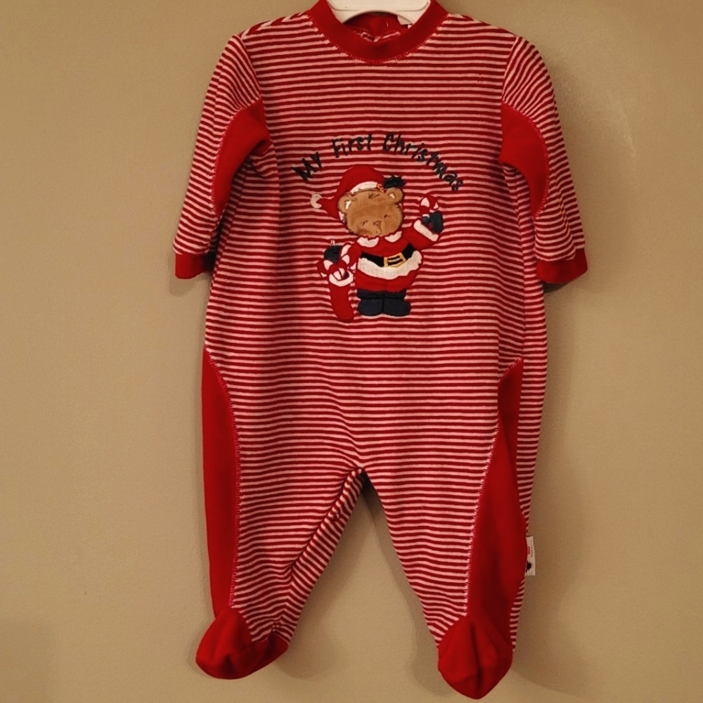 Little Me "My First Christmas" striped velour footed sleeper/romper